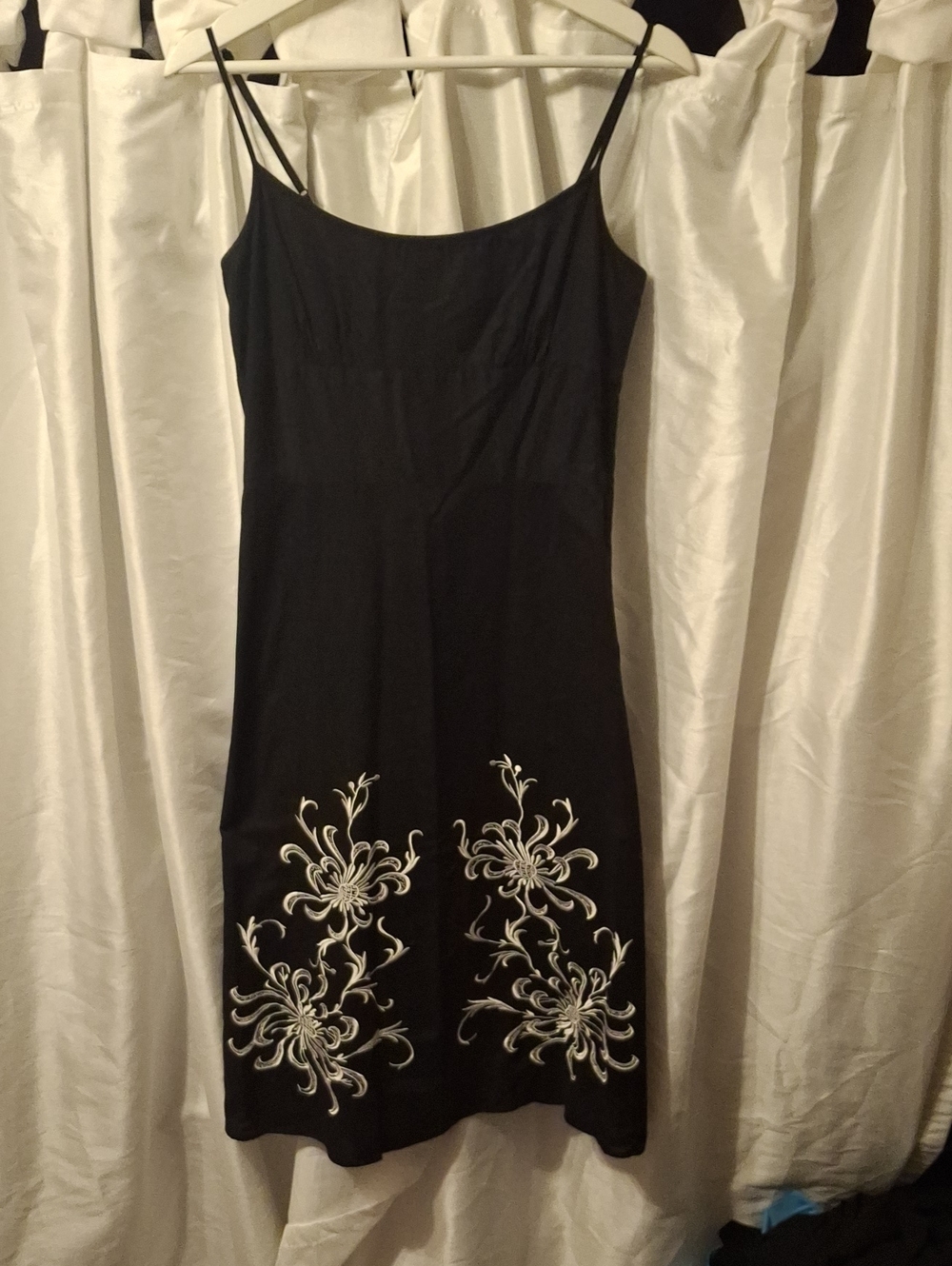 LOFT Black Cotton Dress with White Floral Embroidery